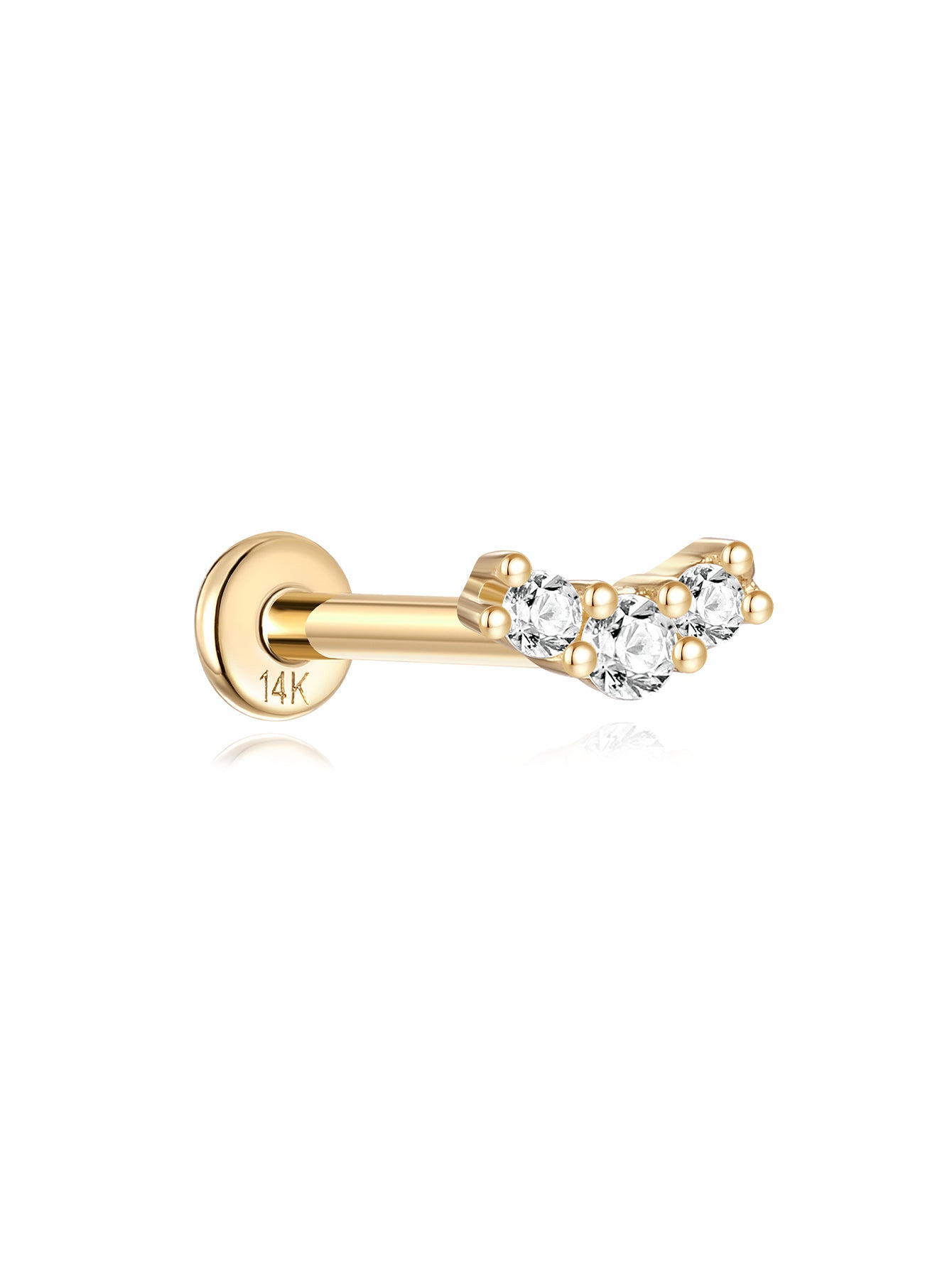 14K solid gold curved ear stud with three cubic zirconia stones and flat back post. Showcasing product appearance.