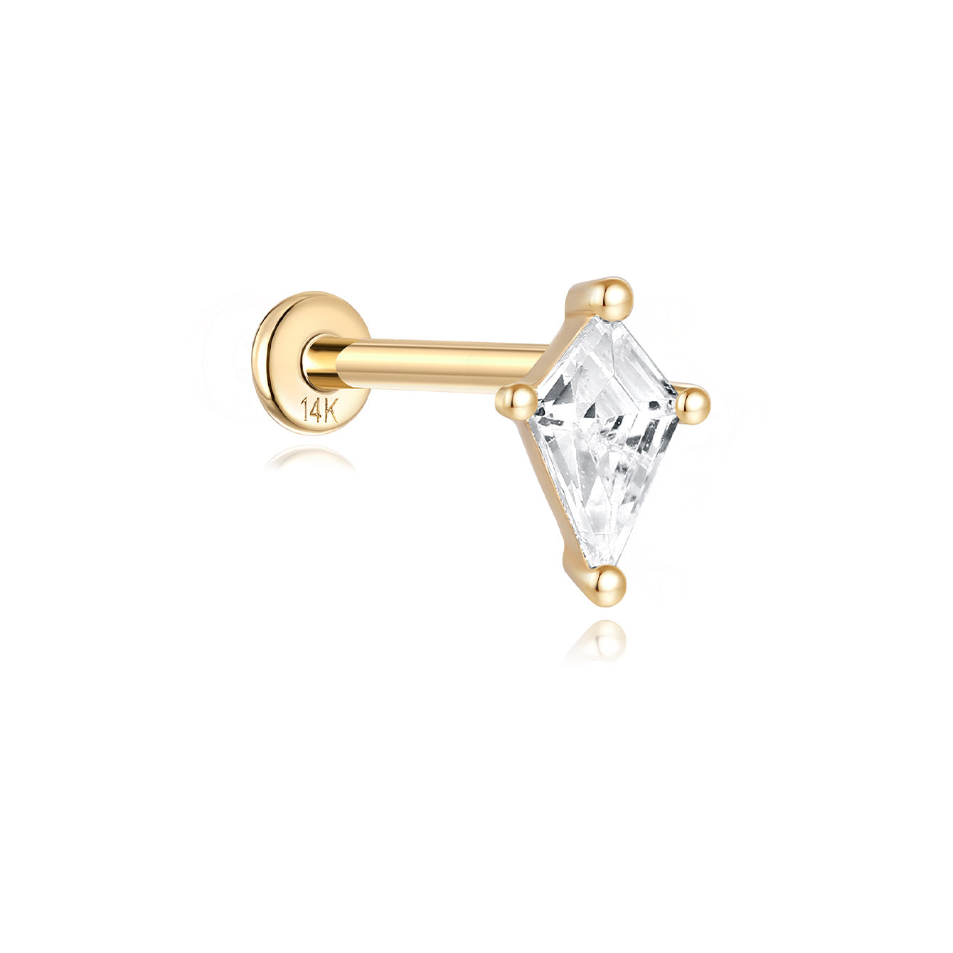 14K gold stud piercing with a diamond-shaped clear zircon and a flat back post, showcasing product appearance.