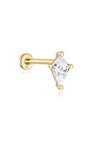 Stud piercing de oro de 14 quilates con circonita transparente en forma de diamante y poste trasero plano, que muestra la apariencia del producto.