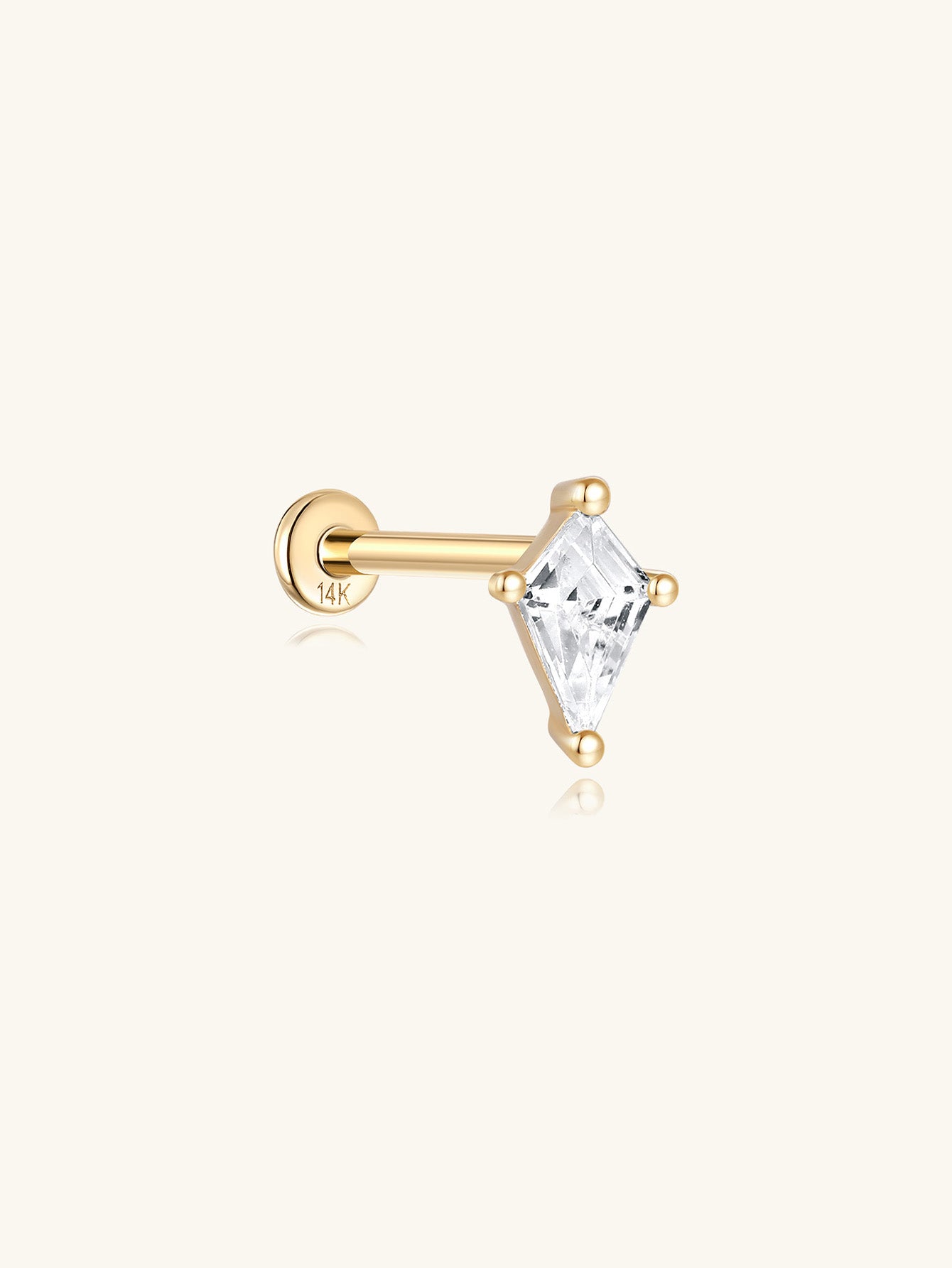 14K solid gold Losange zircon ear piercing stud with flat back closure.