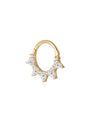 14K solid gold clicker hoop earring with five pear-cut and accent AAA cubic zirconia stones, 18G, 8mm inner diameter.