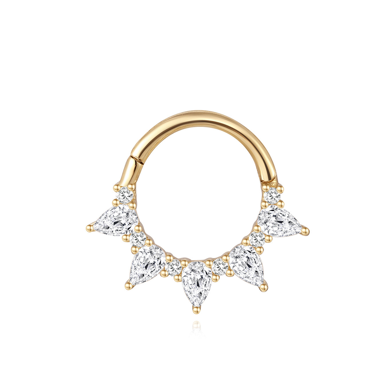 14K solid gold clicker hoop earring with claw-set AAAAA pear-cut cubic zirconia crystals, shiny finish, 18G.