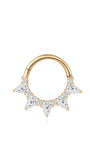 14K solid gold clicker hoop earring with claw-set AAAAA pear-cut cubic zirconia crystals, shiny finish, 18G.