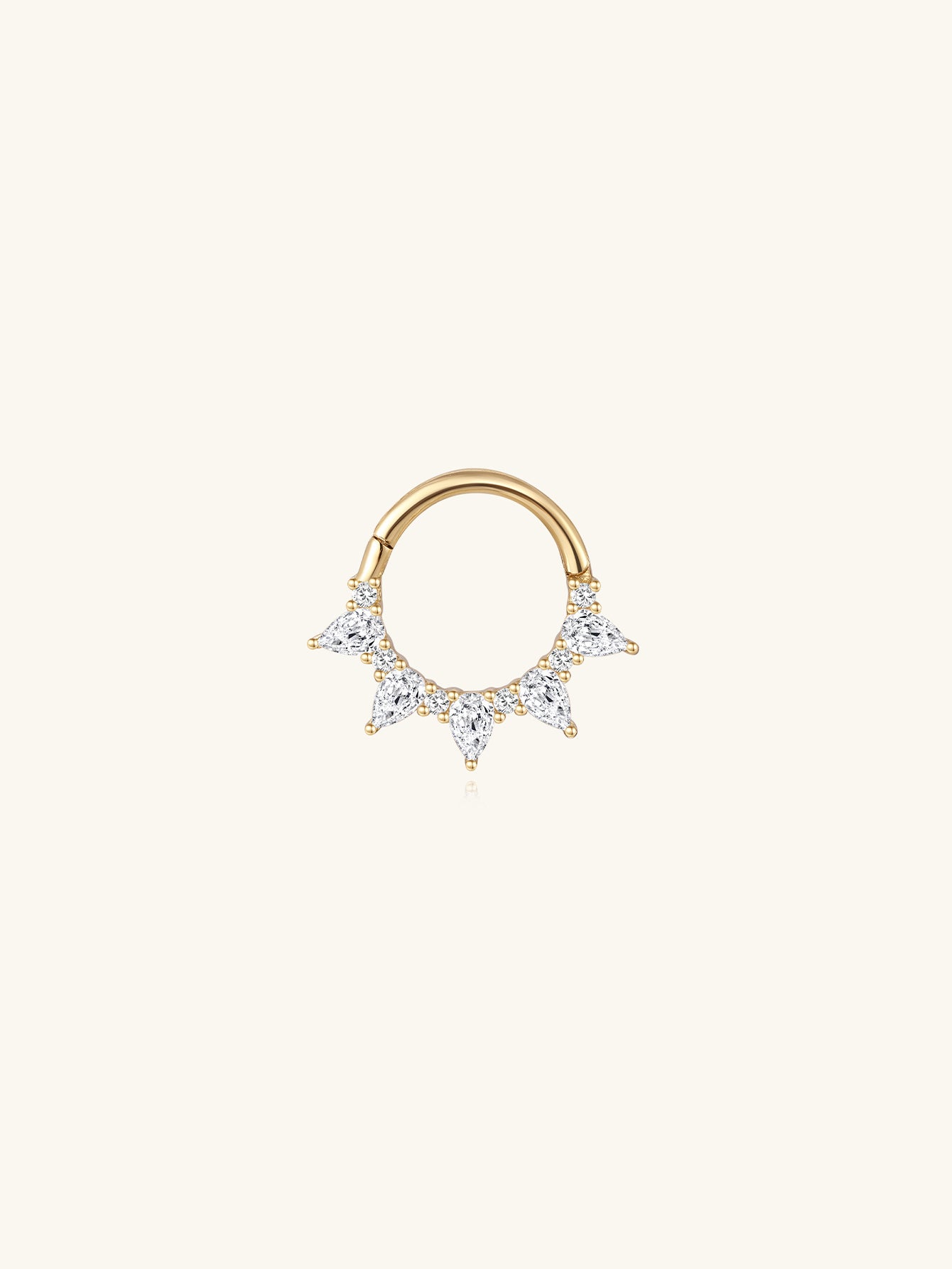 14K solid gold hoop earring with five pear-cut cubic zirconia stones in a claw setting. Shiny finish, 18G.