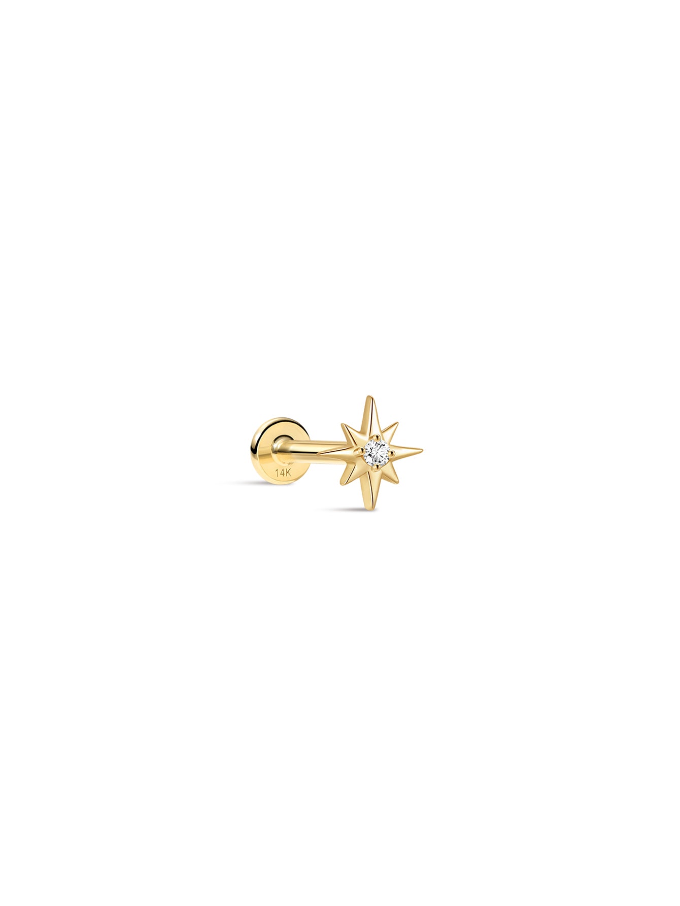 14K solid gold octagonal ear piercing stud with starburst design and clear cubic zirconia center, flat back.
