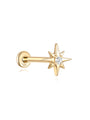 14K yellow gold octagonal starburst stud earring with clear cubic zirconia center and flat back post.