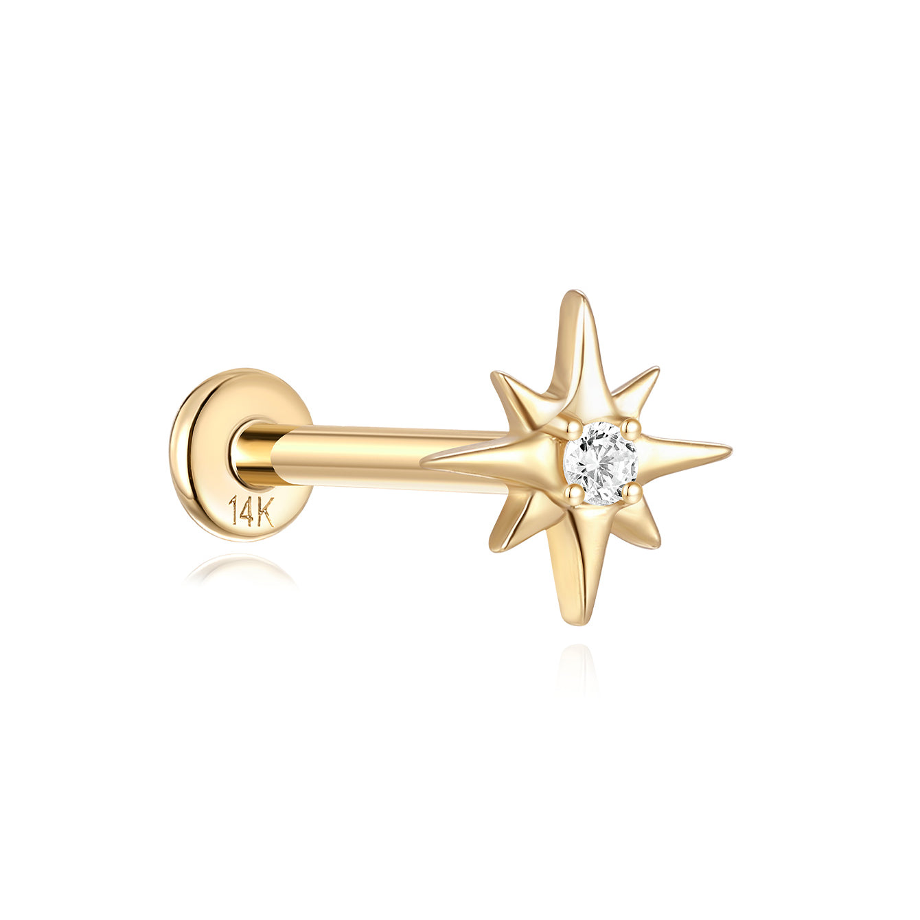 14K yellow gold octagonal starburst stud earring with clear cubic zirconia center and flat back post.