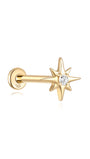 14K yellow gold octagonal starburst stud earring with clear cubic zirconia center and flat back post.