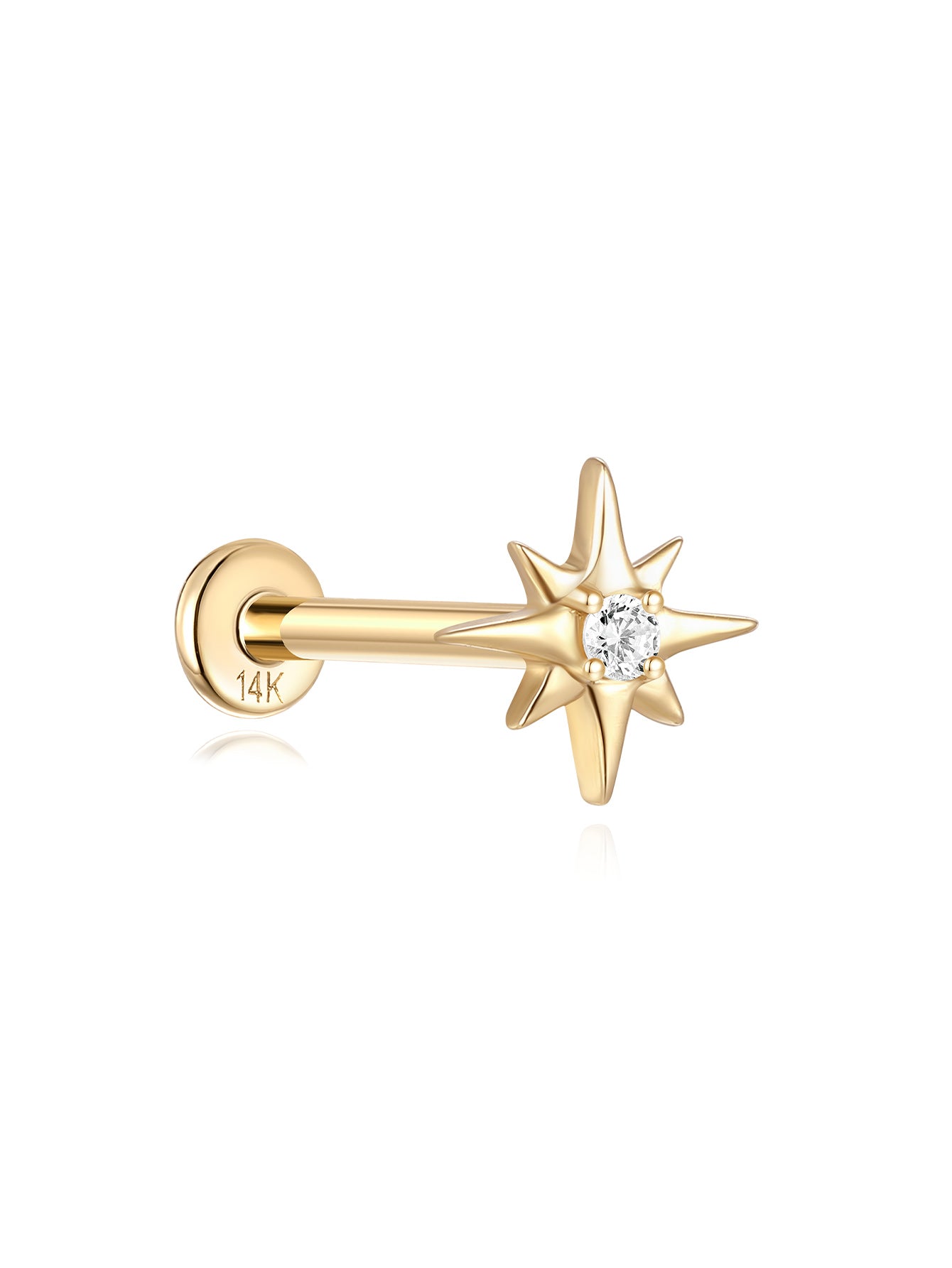 14K yellow gold octagonal starburst stud earring with clear cubic zirconia center and flat back post.