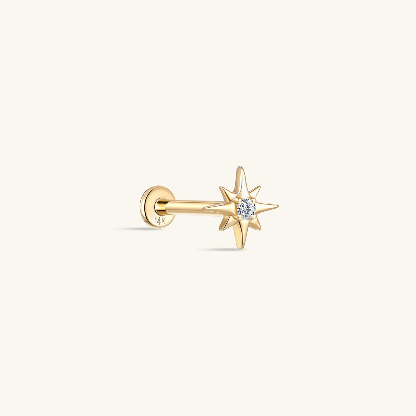 KOSINER 14K Solid Gold Star Lab-Grown Diamond Flat Back Stud featuring a flat back design and internally threaded labret, adorned with a lab diamond.