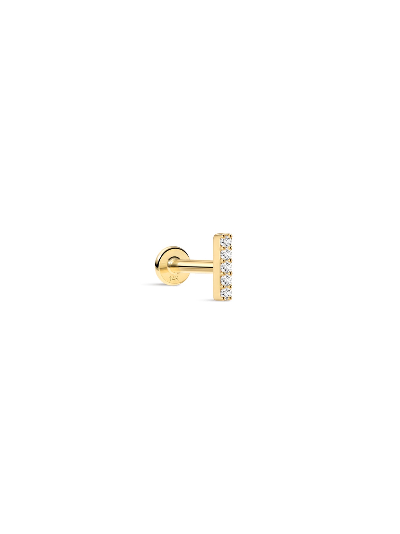 14K solid gold bar piercing stud with five clear cubic zirconia stones and flat back.