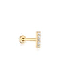 14K gold bar piercing stud with five clear CZ stones, 18G, flat back labret, product detail.