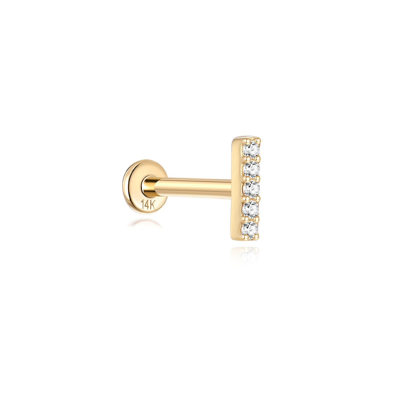 14K gold bar piercing stud with five clear CZ stones, 18G, flat back labret, product detail.