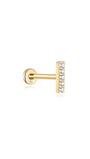 14K gold bar piercing stud with five clear CZ stones, 18G, flat back labret, product detail.
