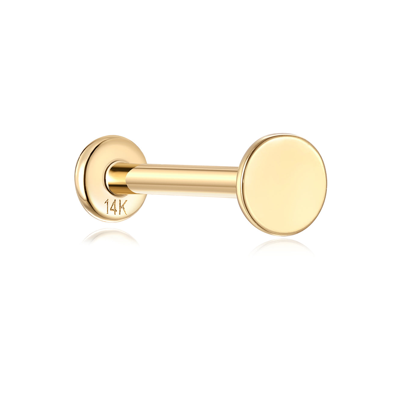14K solid gold 3.5mm flat disc internally threaded labret stud with flat back closure, product detail view.