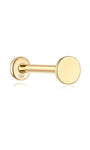 14K solid gold 3.5mm flat disc internally threaded labret stud with flat back closure, product detail view.