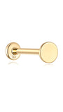 14K solid gold 3.5mm flat disc internally threaded labret stud with flat back closure, product detail view.