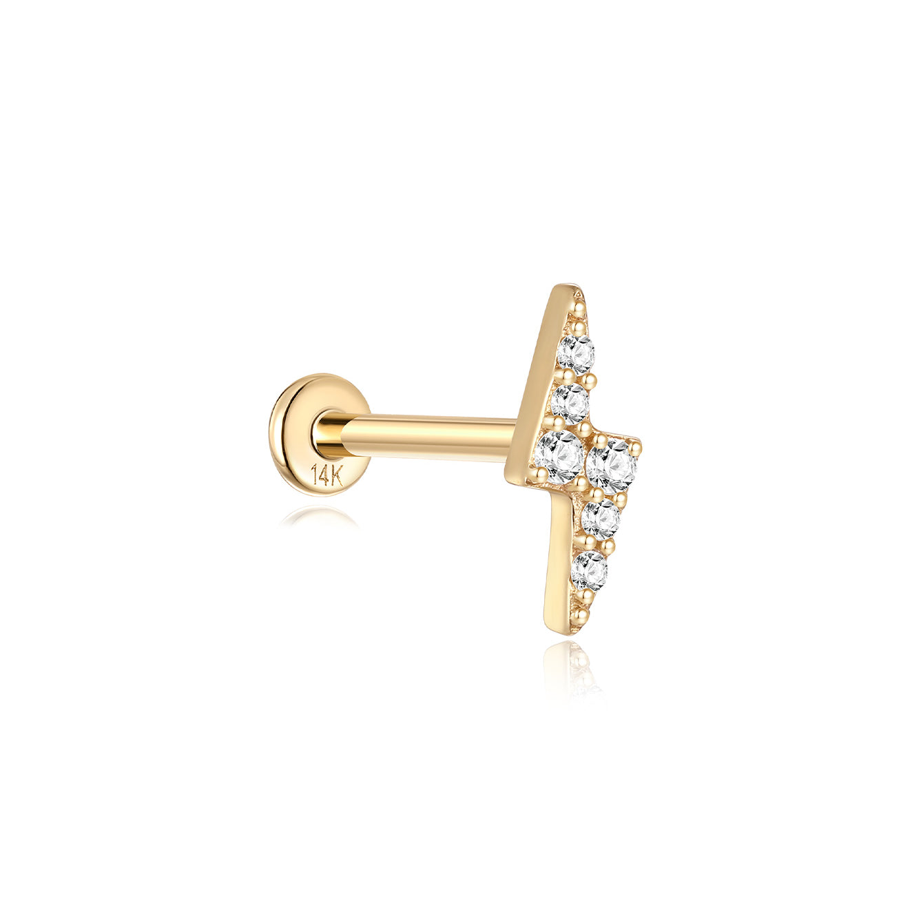 14K gold lightning bolt piercing stud with cubic zirconia, flat back labret post.