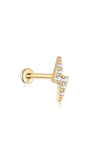 14K gold lightning bolt piercing stud with cubic zirconia, flat back labret post.