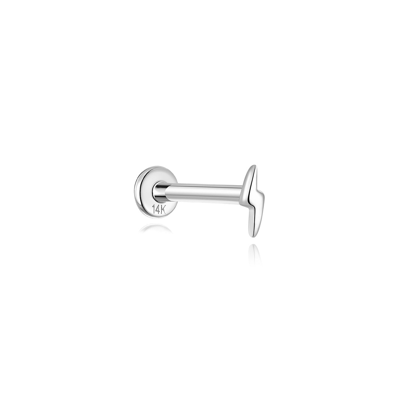 Brinco de piercing de orelha em forma de relâmpago em ouro maciço 14K brilhante com diamante de laboratório, haste traseira plana e labret com rosca interna.