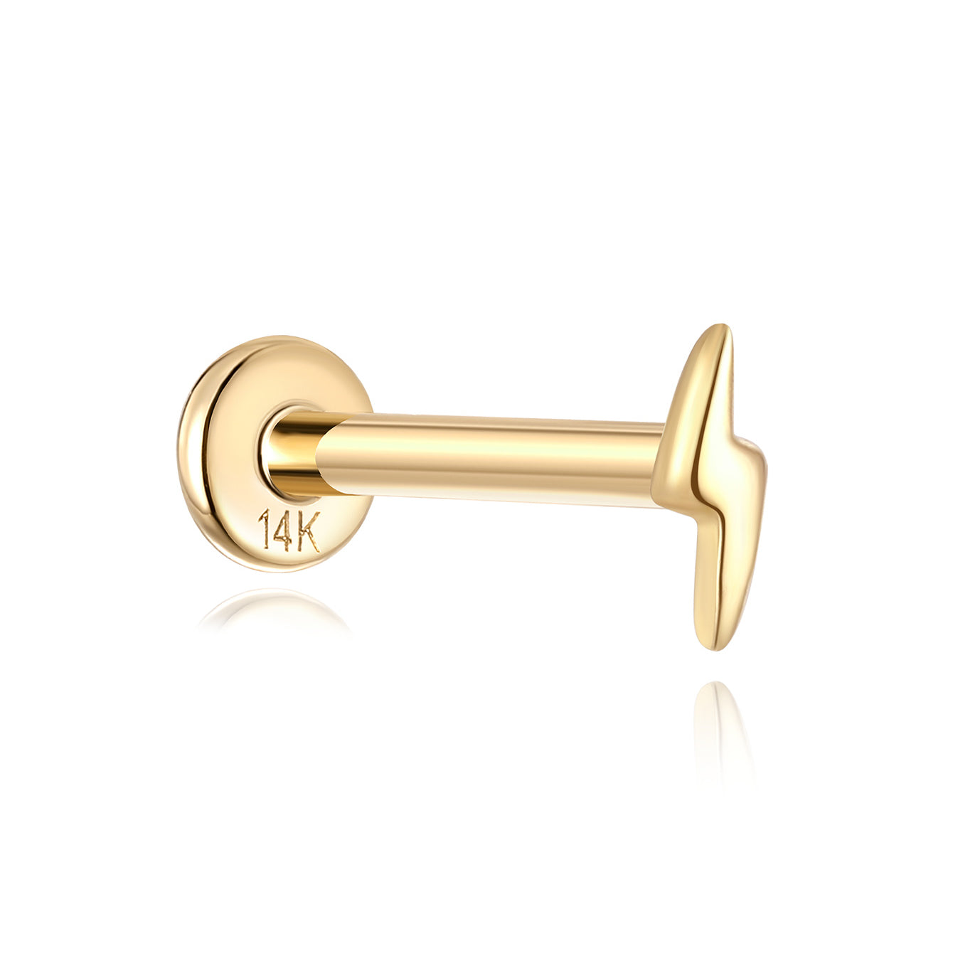 14K solid gold piercing stud with glossy lightning bolt charm and flat back labret post.