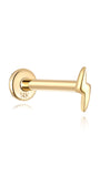 14K solid gold piercing stud with glossy lightning bolt charm and flat back labret post.