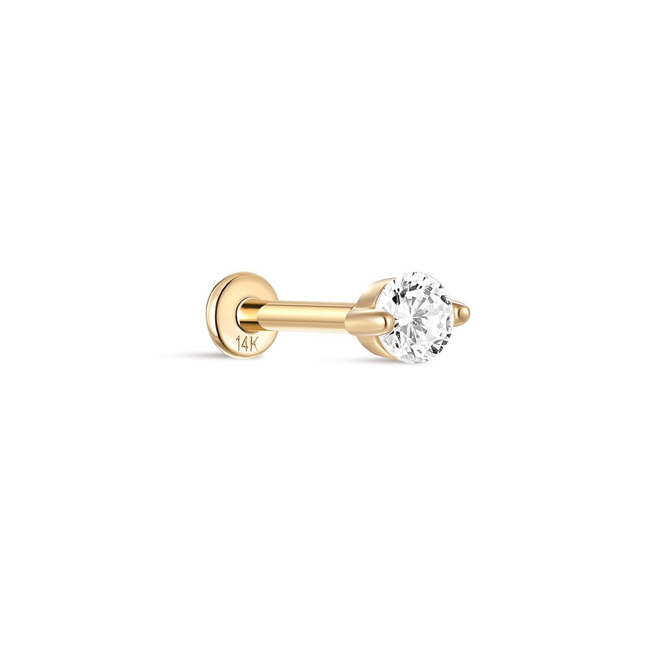 14K solid yellow gold internally threaded labret stud with 3.6mm clear cubic zirconia and flat back.