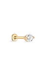 14K solid yellow gold internally threaded labret stud with 3.6mm clear cubic zirconia and flat back.