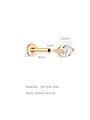 14K solid gold flat back labret stud with 6.5mm post, 1mm gauge, and 3.6mm AAAAA cubic zirconia. Shows dimensions.