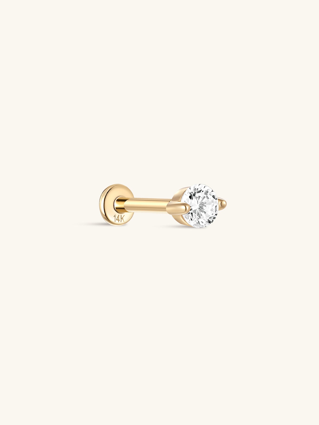 14K solid gold ear piercing stud with 3.6mm brilliant-cut cubic zirconia and flatback post.