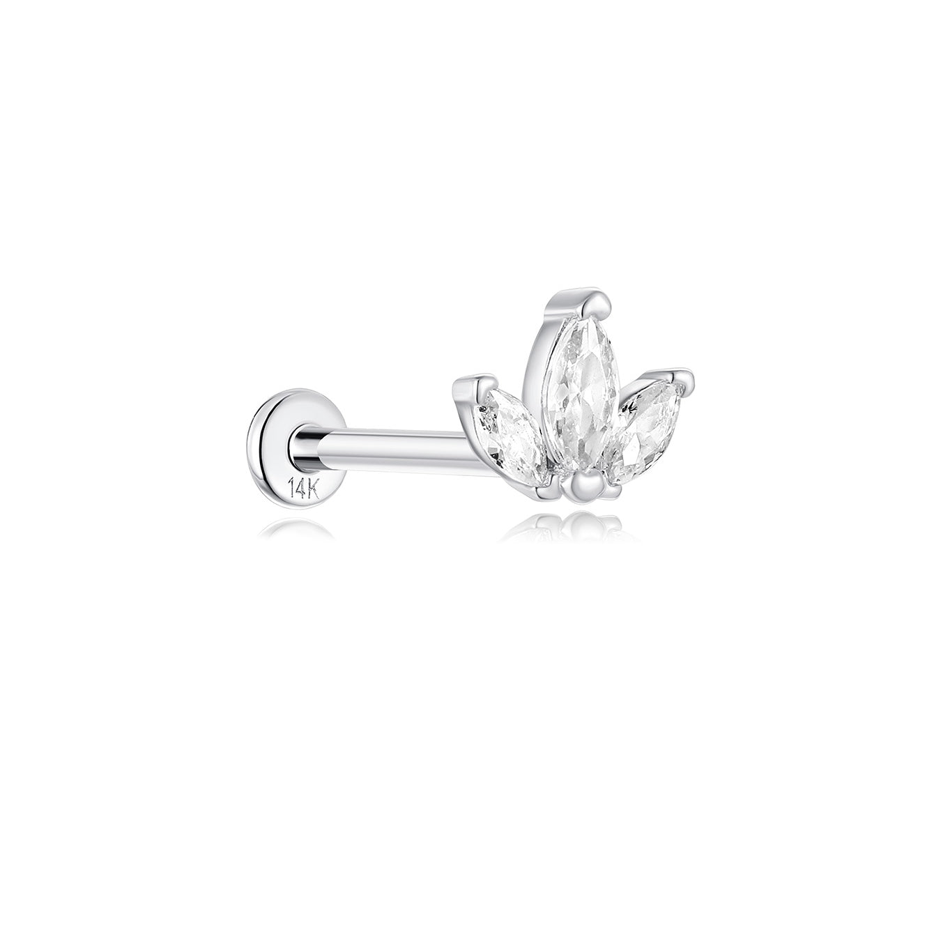 14K solid gold trio marquise ear stud with 3 clear cubic zirconia stones, internally threaded flat back. Product appearance.