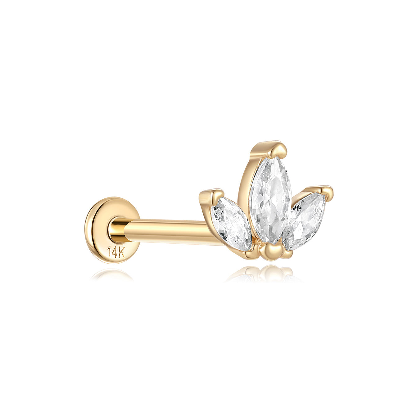 14K gold trio marquise stud with 3 clear CZ stones, floral design. Internally threaded labret for product appearance.