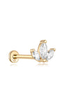 Garanhão trio marquise em ouro 14K com 3 pedras CZ transparentes, desenho floral. Labret com rosca interna para aparência do produto.
