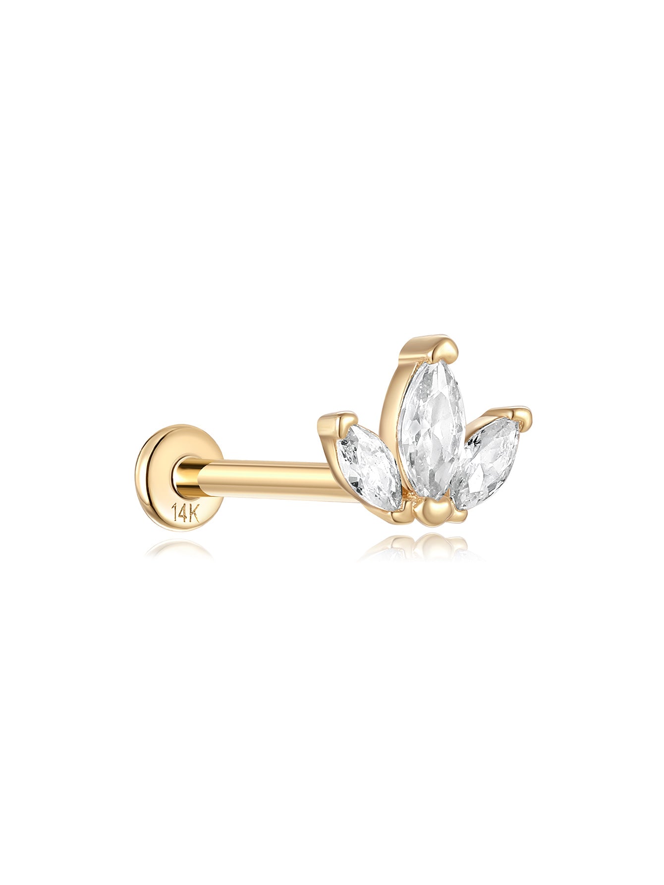 14K gold trio marquise stud with 3 clear CZ stones, floral design. Internally threaded labret for product appearance.