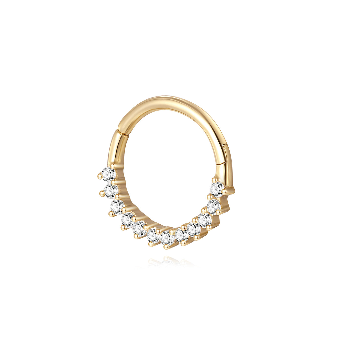 14K solid gold 18g hoop earring with prong-set cubic zirconia crystals, 8mm inner diameter, clicker closure.
