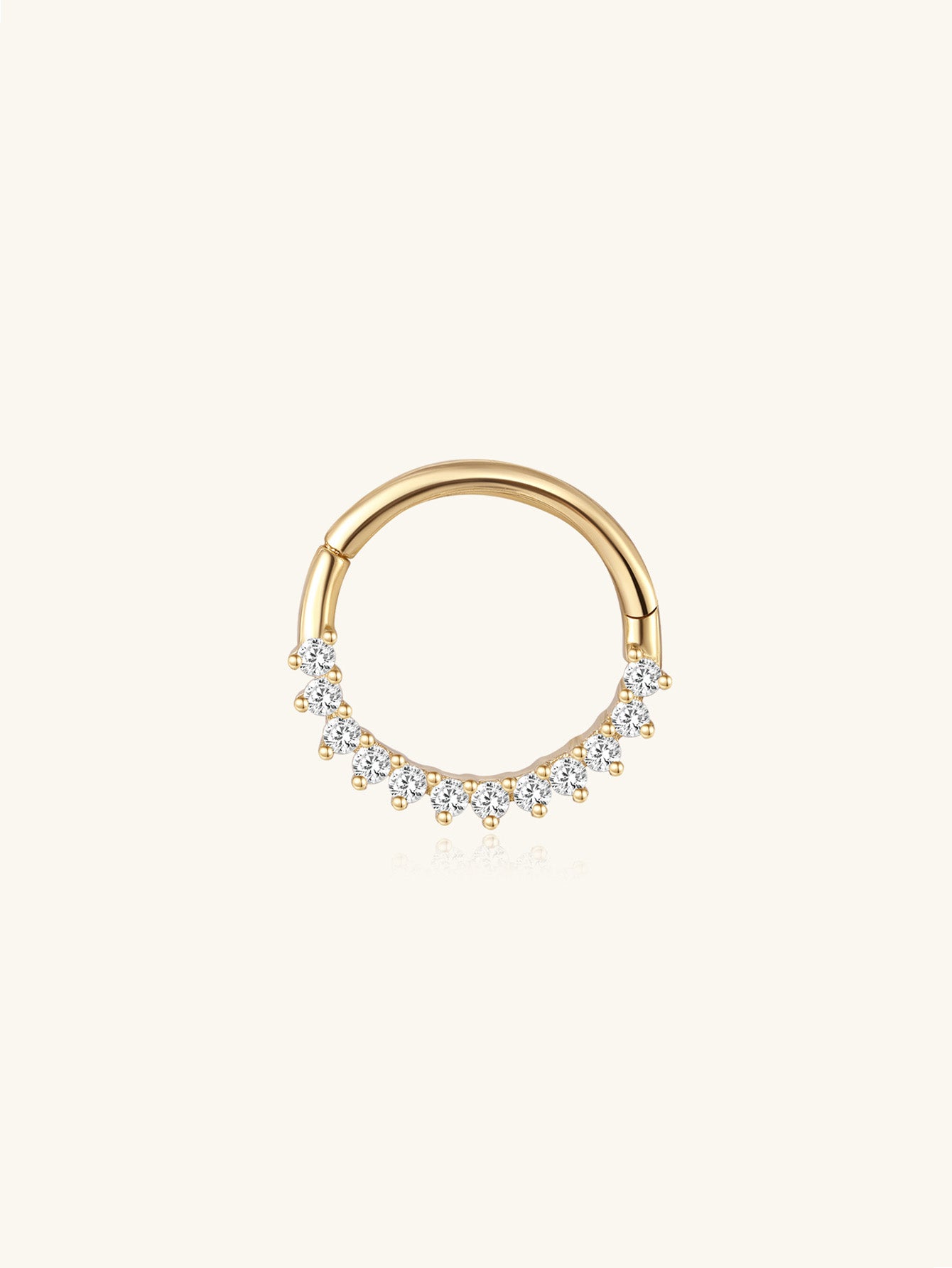 14K solid gold 18g hoop earring with prong-set cubic zirconia crystals and clicker closure.