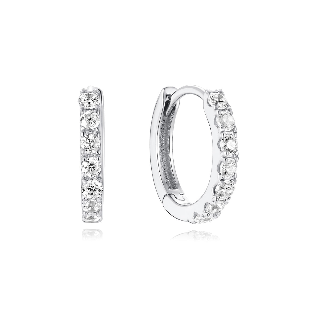 Pair of 14K solid gold hoop earrings with channel-set AAAAA cubic zirconia, 8.1mm inner diameter. Hypoallergenic.