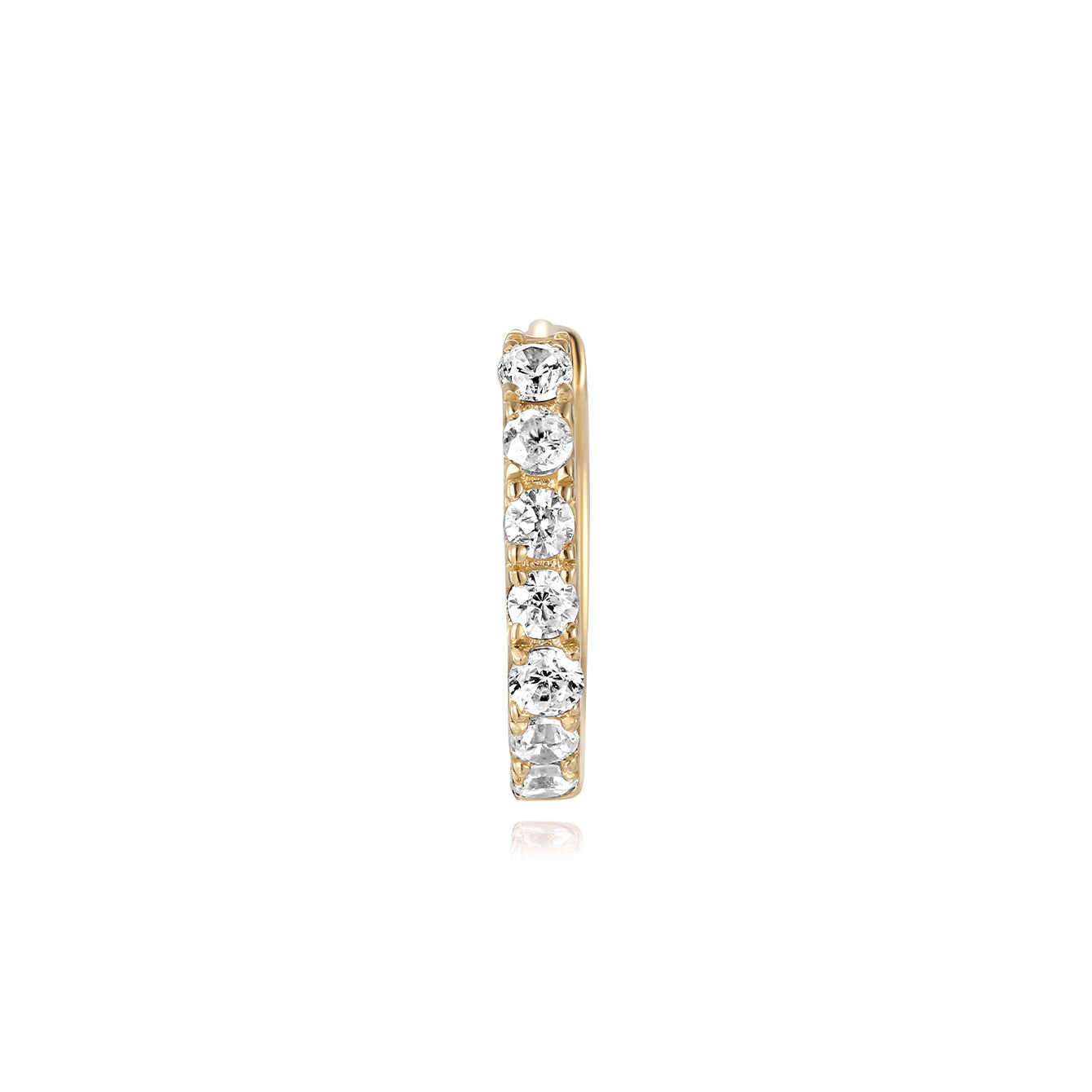 14K solid gold hoop earring with seven channel-set cubic zirconia stones, showcasing a polished shiny finish.