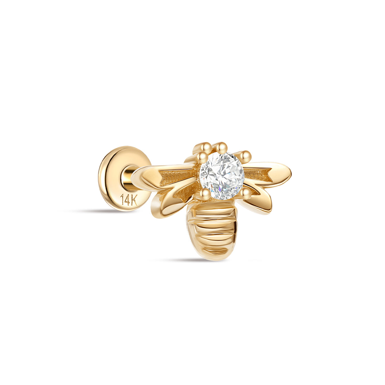 kosiner jewelry 14K Solid Gold Bee Zircon Ear Piercing Stud