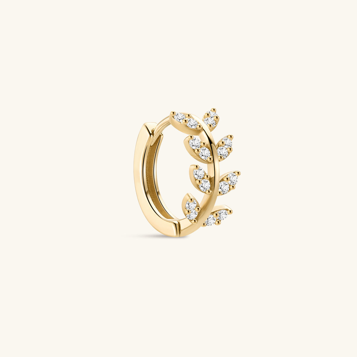 18K gold-plated sterling silver single stud earring with leaf design and clear cubic zirconia stones.