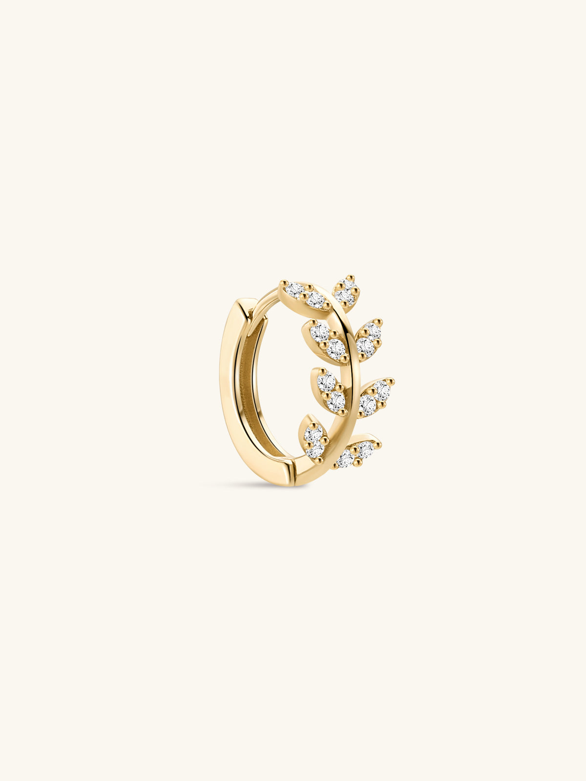 18K gold-plated sterling silver single stud earring with leaf design and clear cubic zirconia stones.