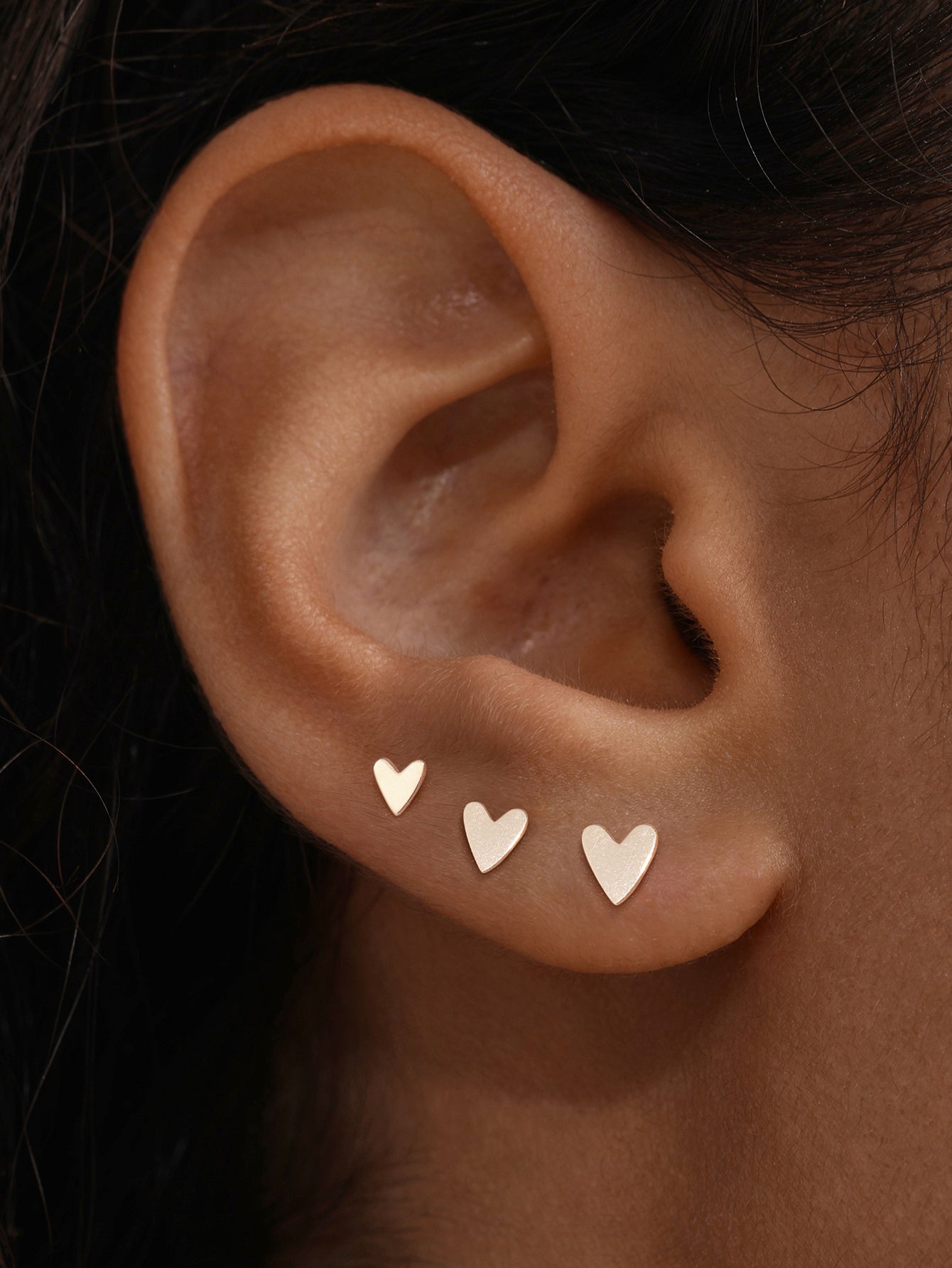 14K ソリッド ゴールド ハート 光沢のある シンプル イヤー ピアス スタッド