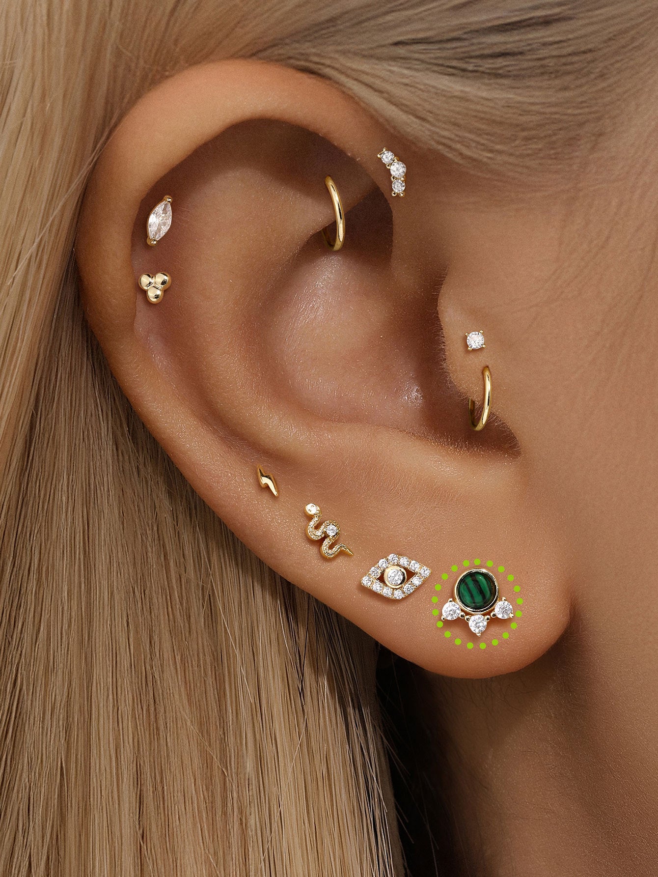 kosiner jewelry 14K Solid Gold Classic Malachite Ear Piercing Stud