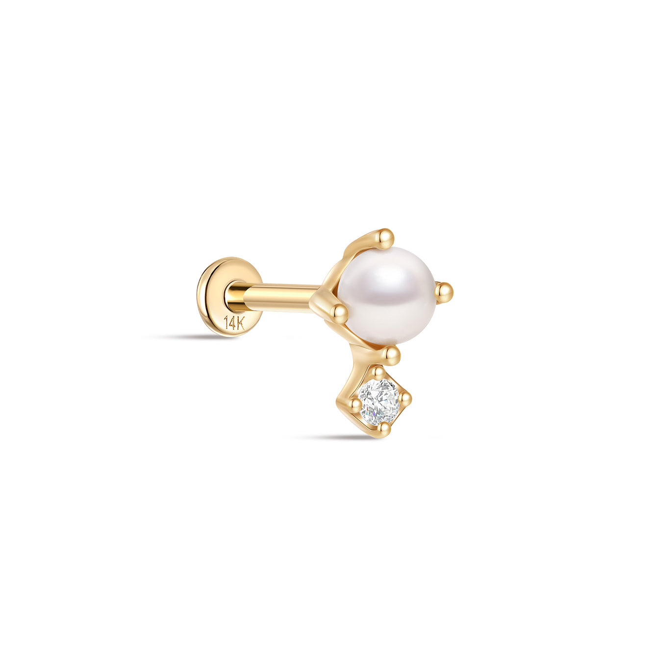 kosiner jewelry 14K Solid Gold Pearl Zircon Thread Ear Piercing Stud