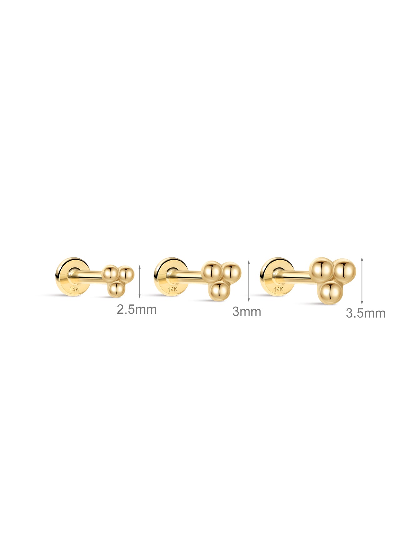14K Solid Gold Mini Triple Bubble  Ear Piercing Stud