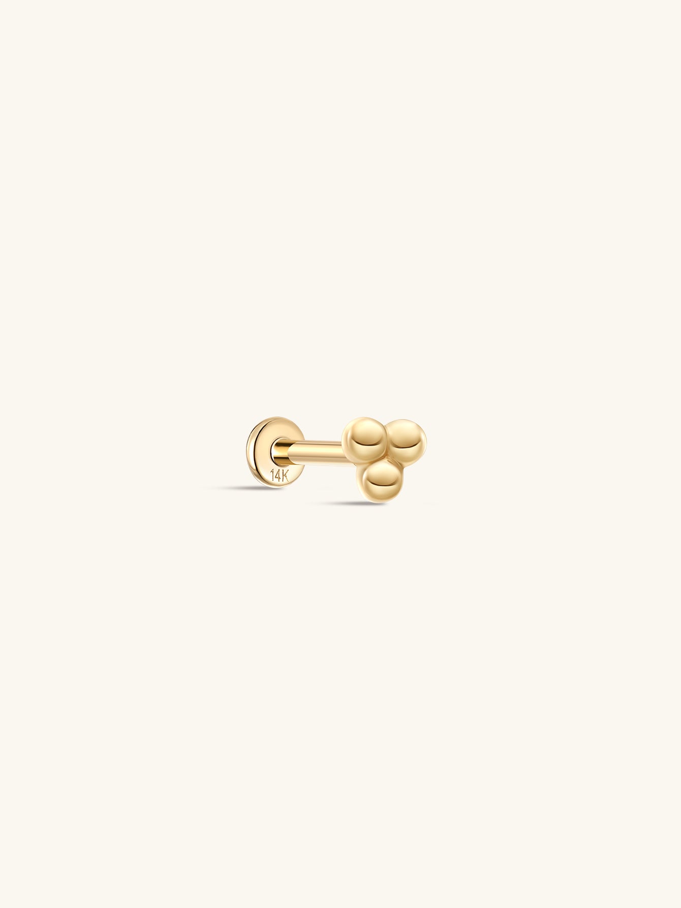 KOSINER 14K Solid Gold simple triple ball flat back stud earring featuring ultra shine AAAAA cubic zirconia, available in various post lengths.