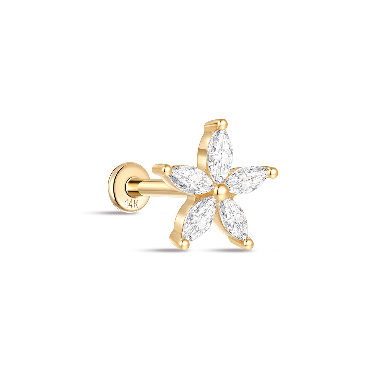 kosiner jewelry 14K Solid Gold Marquise Bloom Ear Piercing Stud