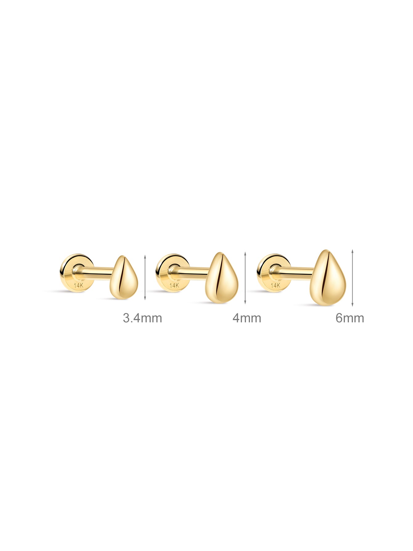 14K massief gouden waterdruppel glanzende oorpiercing Stud