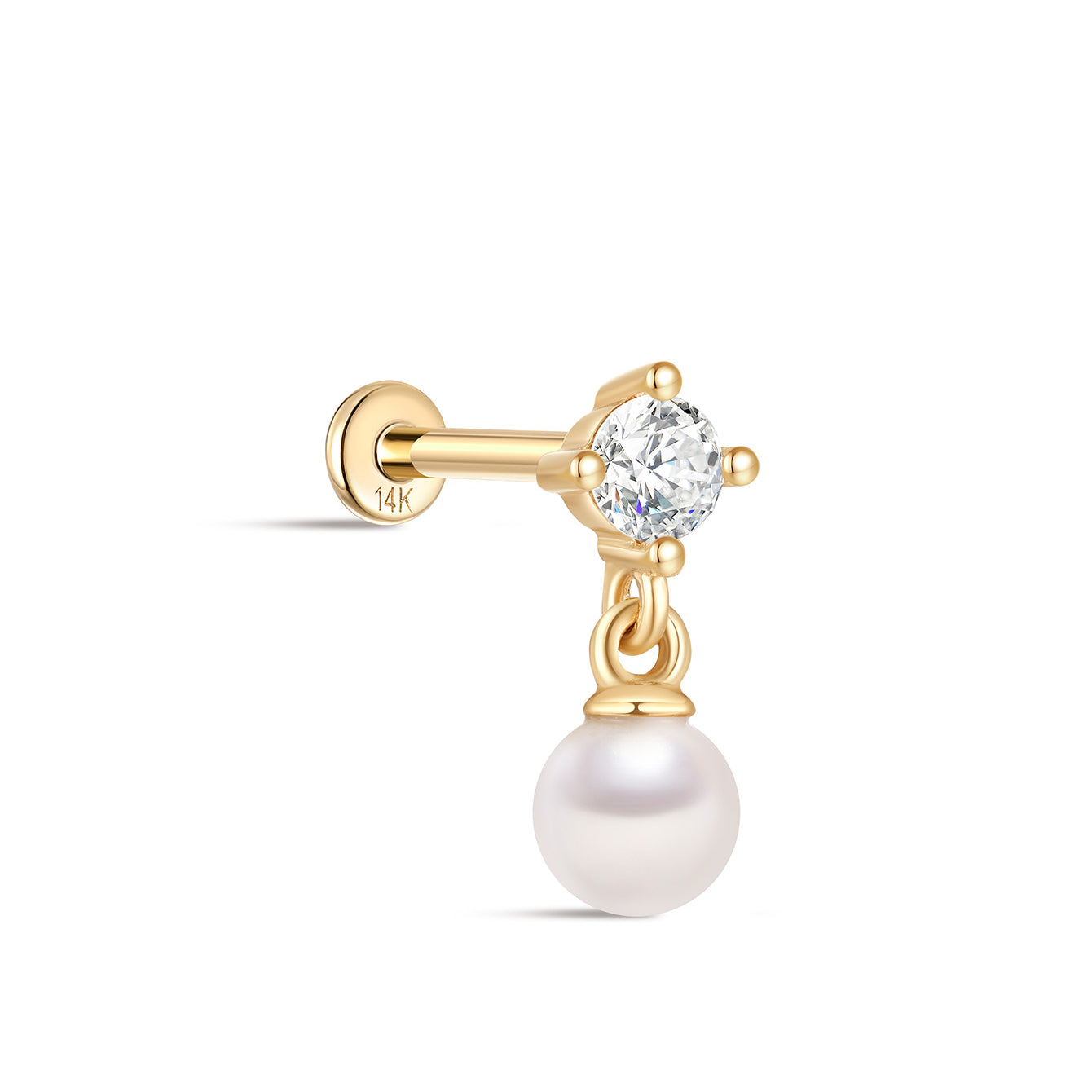 kosiner jewelry 14K Solid Gold Elegant Pearl Pendant Ear Piercing Stud