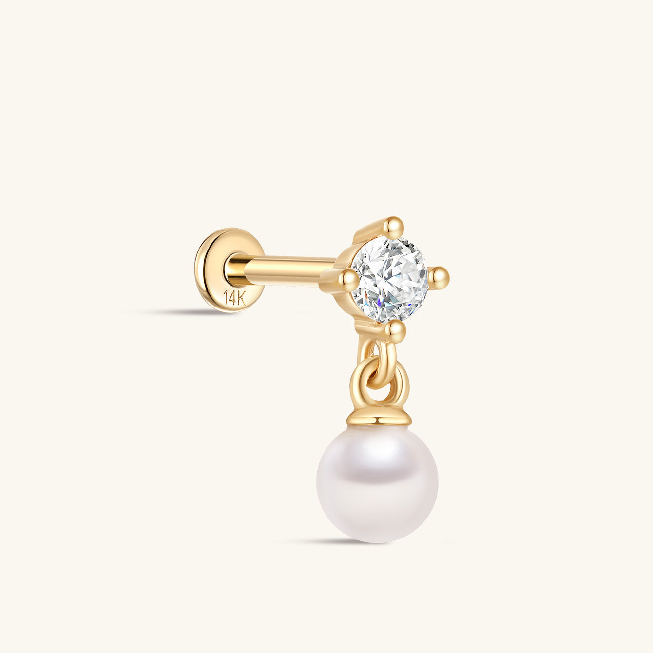 kosiner jewelry 14K Solid Gold Elegant Pearl Pendant Ear Piercing Stud